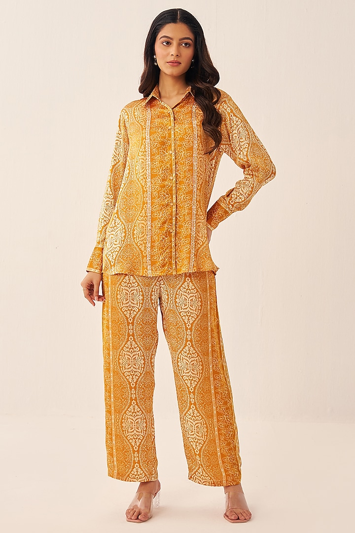 Orange Modal Satin Printed Co-Ord Set by Chhavvi Aggarwal at Pernia's Pop Up Shop