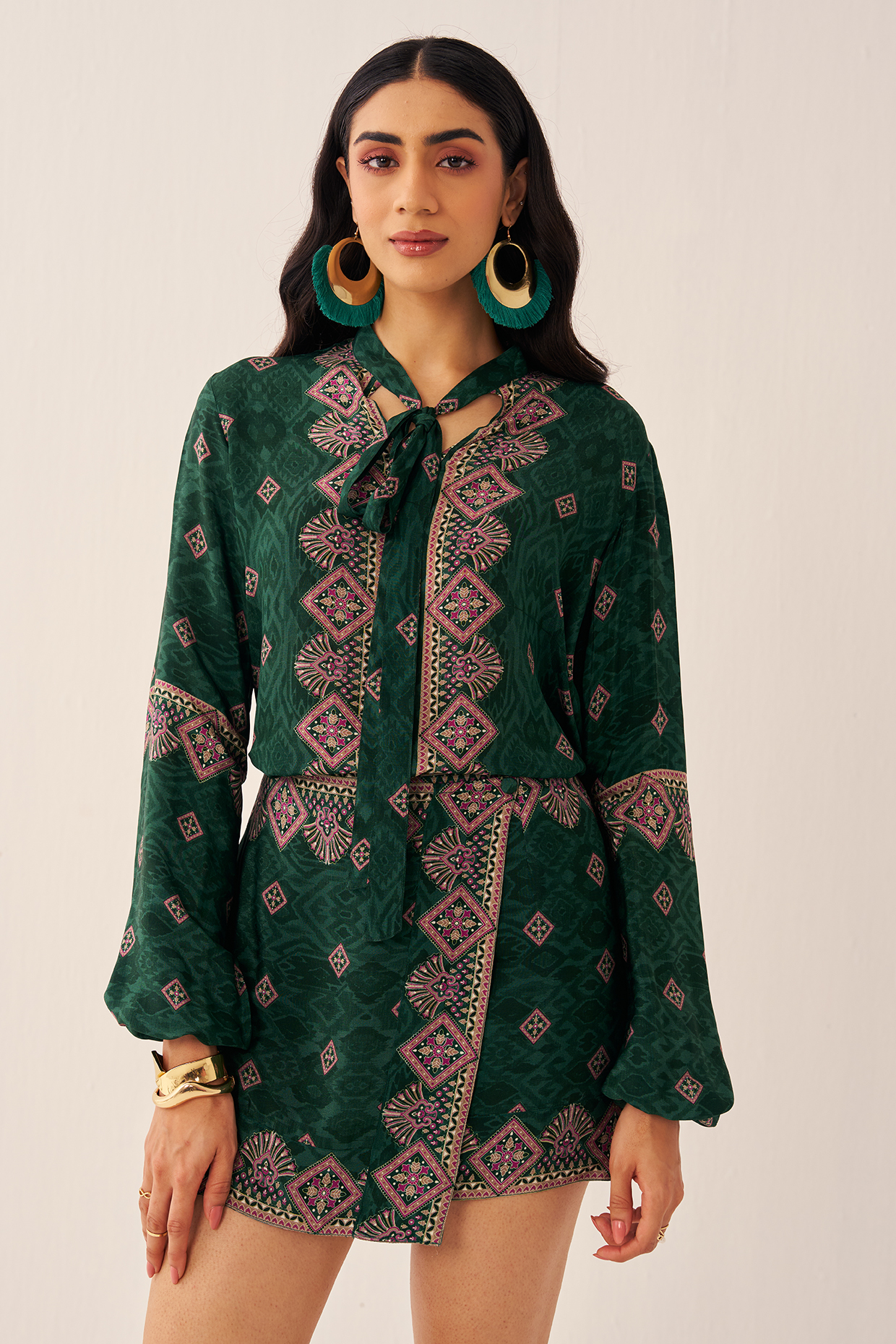 Green Crepe Printed Overlap Skirt Set by Chhavvi Aggarwal at Pernia's Pop Up Shop