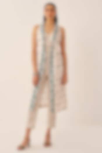 Ivory Cotton Satin Printed Long Jacket Set by Chhavvi Aggarwal at Pernia's Pop Up Shop