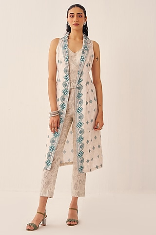 Ivory Cotton Satin Printed Long Jacket Set by Chhavvi Aggarwal