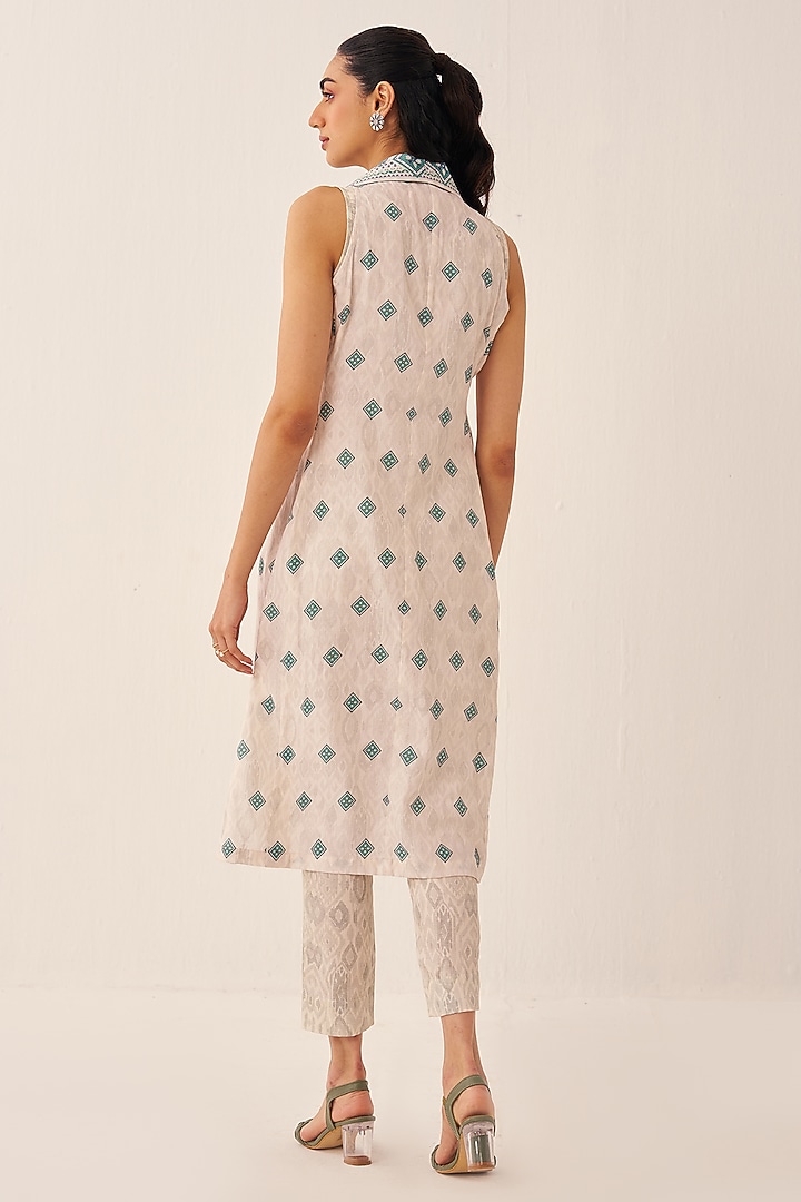 Ivory Cotton Satin Printed Long Jacket Set by Chhavvi Aggarwal at Pernia's Pop Up Shop