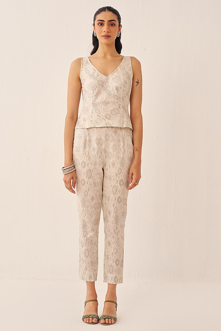 Ivory Cotton Satin Printed Long Jacket Set by Chhavvi Aggarwal at Pernia's Pop Up Shop