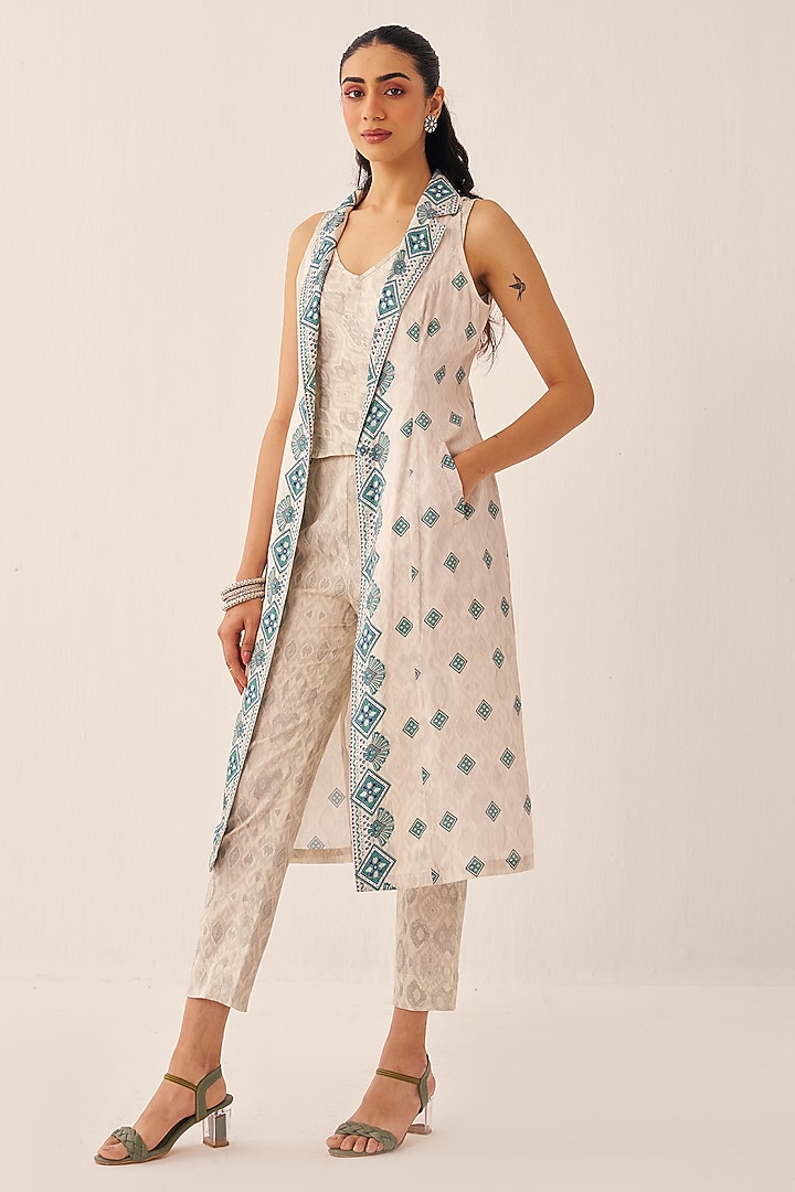 Ivory Cotton Satin Printed Long Jacket Set by Chhavvi Aggarwal at Pernia's Pop Up Shop