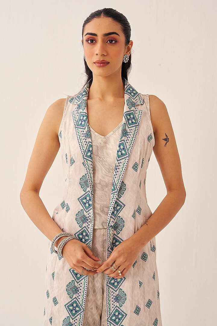 Ivory Cotton Satin Printed Long Jacket Set by Chhavvi Aggarwal at Pernia's Pop Up Shop