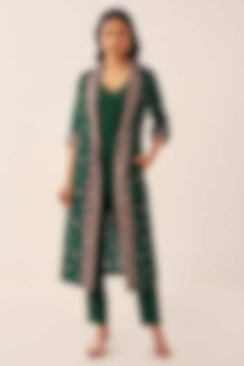 Green Cotton Satin Printed Long Jacket Set by Chhavvi Aggarwal at Pernia's Pop Up Shop