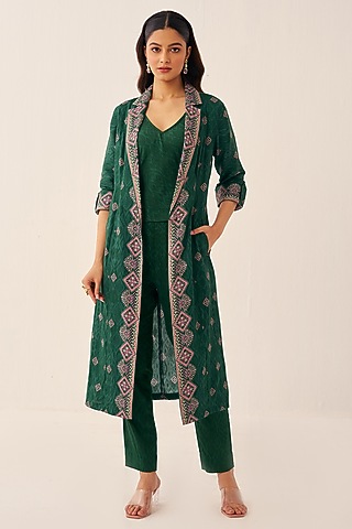 Green Cotton Satin Printed Long Jacket Set by Chhavvi Aggarwal