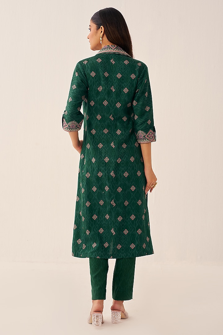 Green Cotton Satin Printed Long Jacket Set by Chhavvi Aggarwal at Pernia's Pop Up Shop