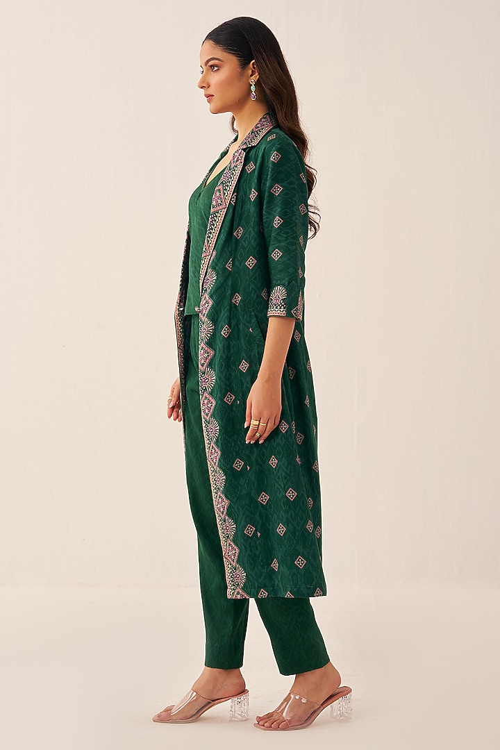 Green Cotton Satin Printed Long Jacket Set by Chhavvi Aggarwal at Pernia's Pop Up Shop
