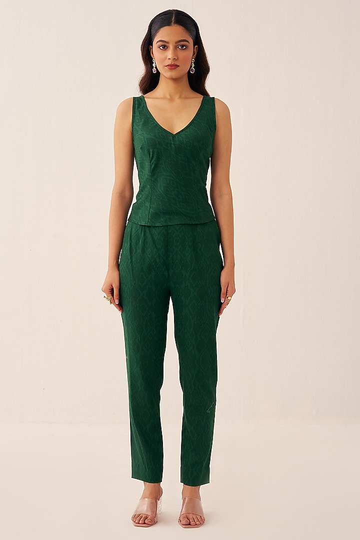 Green Cotton Satin Printed Long Jacket Set by Chhavvi Aggarwal at Pernia's Pop Up Shop