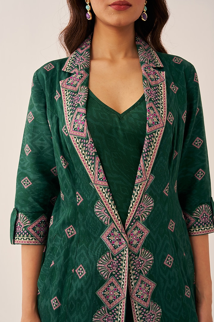 Green Cotton Satin Printed Long Jacket Set by Chhavvi Aggarwal at Pernia's Pop Up Shop