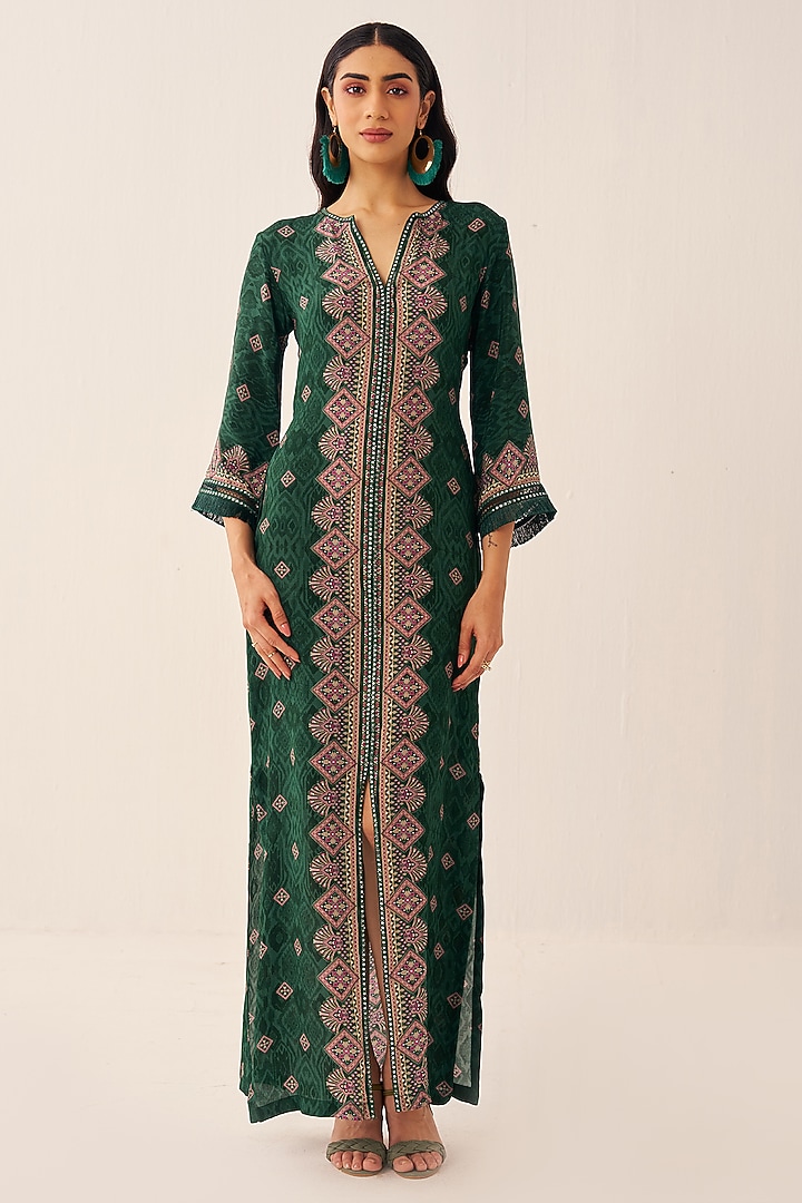 Green Crepe Printed Maxi Straight Summer Dress by Chhavvi Aggarwal at Pernia's Pop Up Shop