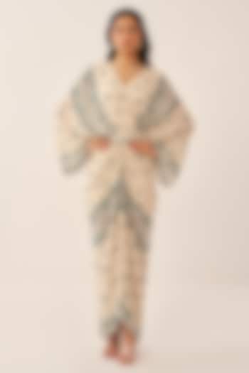 Ivory Crepe Printed Draped Vacation Dress by Chhavvi Aggarwal at Pernia's Pop Up Shop