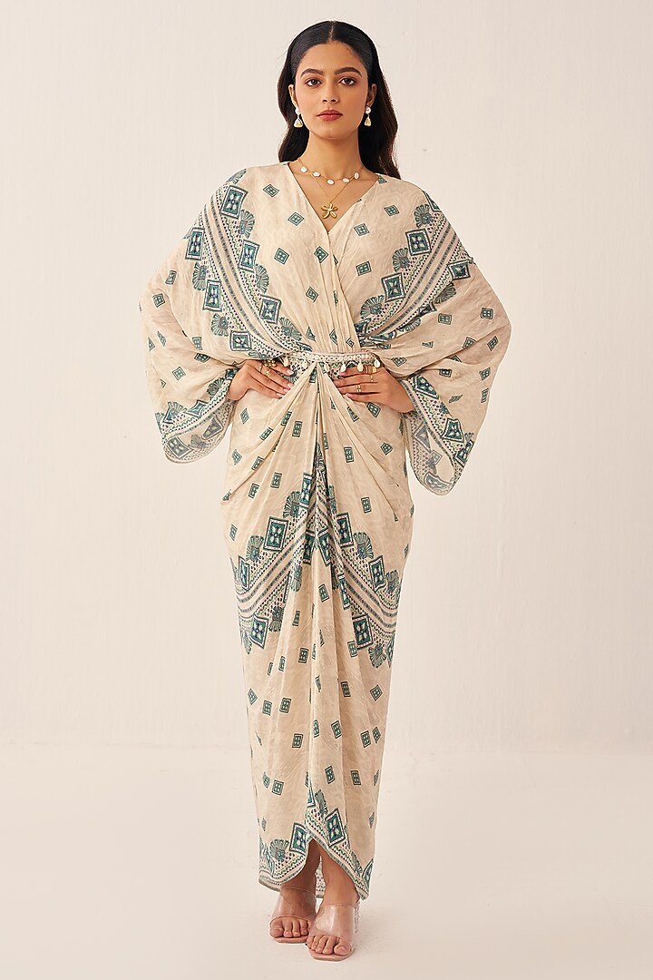 Ivory Crepe Printed Draped Vacation Dress by Chhavvi Aggarwal at Pernia's Pop Up Shop