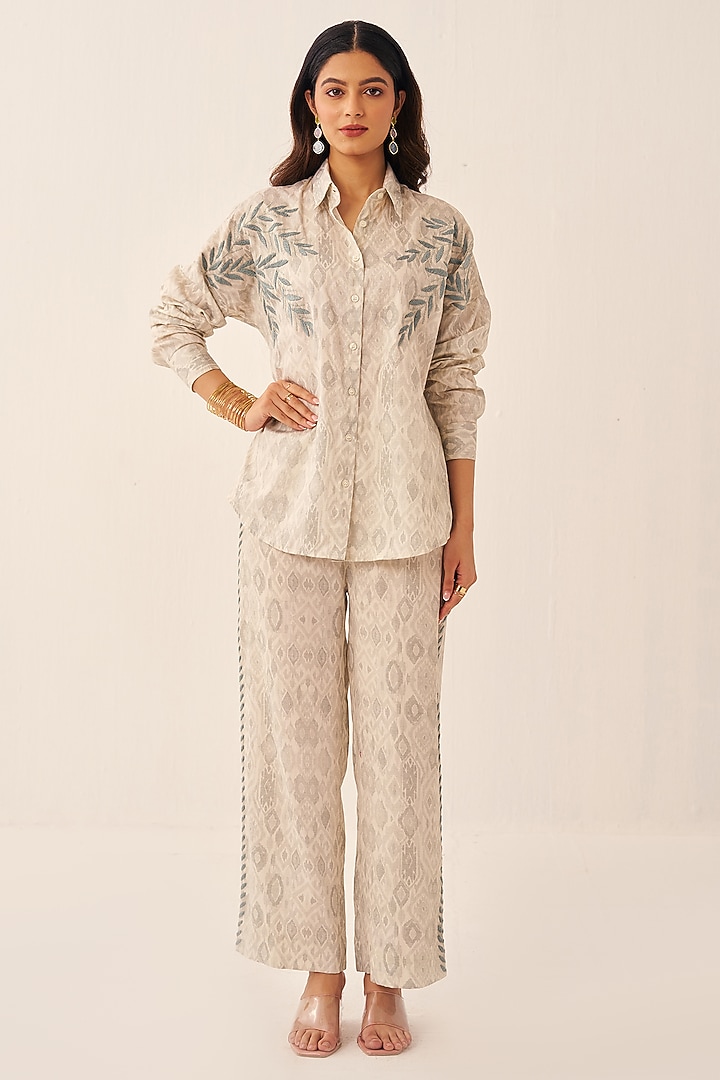 Ivory Cotton Satin Printed Co-Ord Set by Chhavvi Aggarwal at Pernia's Pop Up Shop