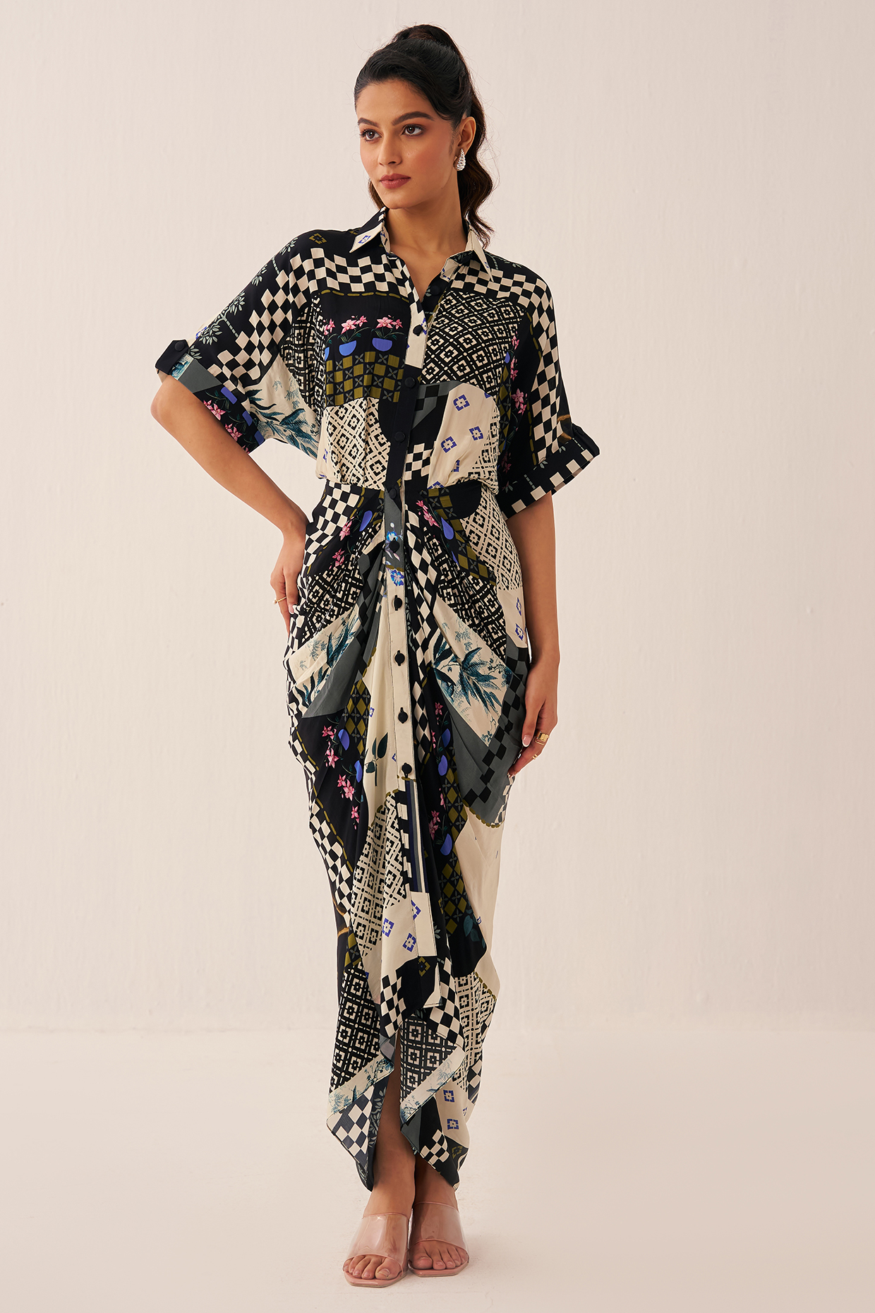 Black Crepe Printed Shirt Summer Dress by Chhavvi Aggarwal at Pernia's Pop Up Shop