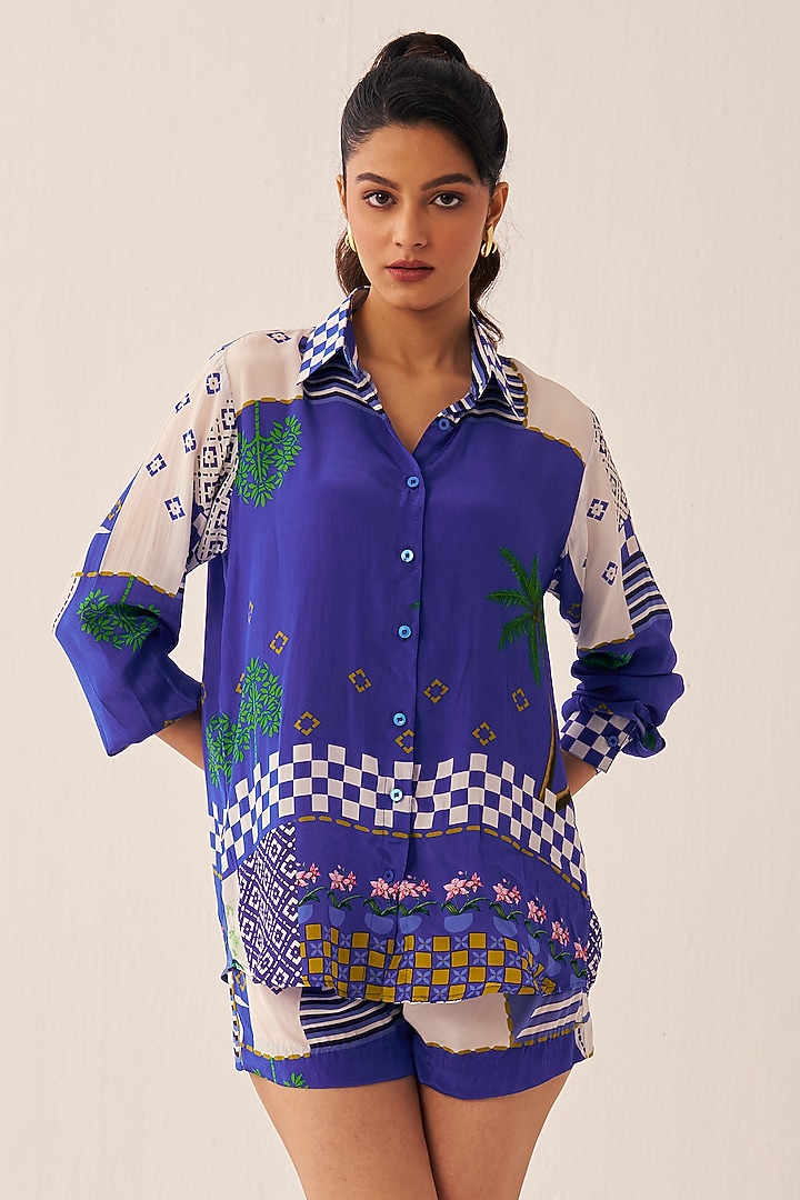 Blue Crepe Printed Co-Ord Set by Chhavvi Aggarwal at Pernia's Pop Up Shop