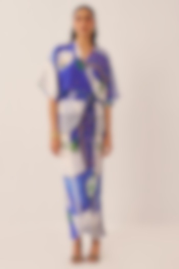 Blue Crepe Printed Draped Vacation Dress by Chhavvi Aggarwal at Pernia's Pop Up Shop