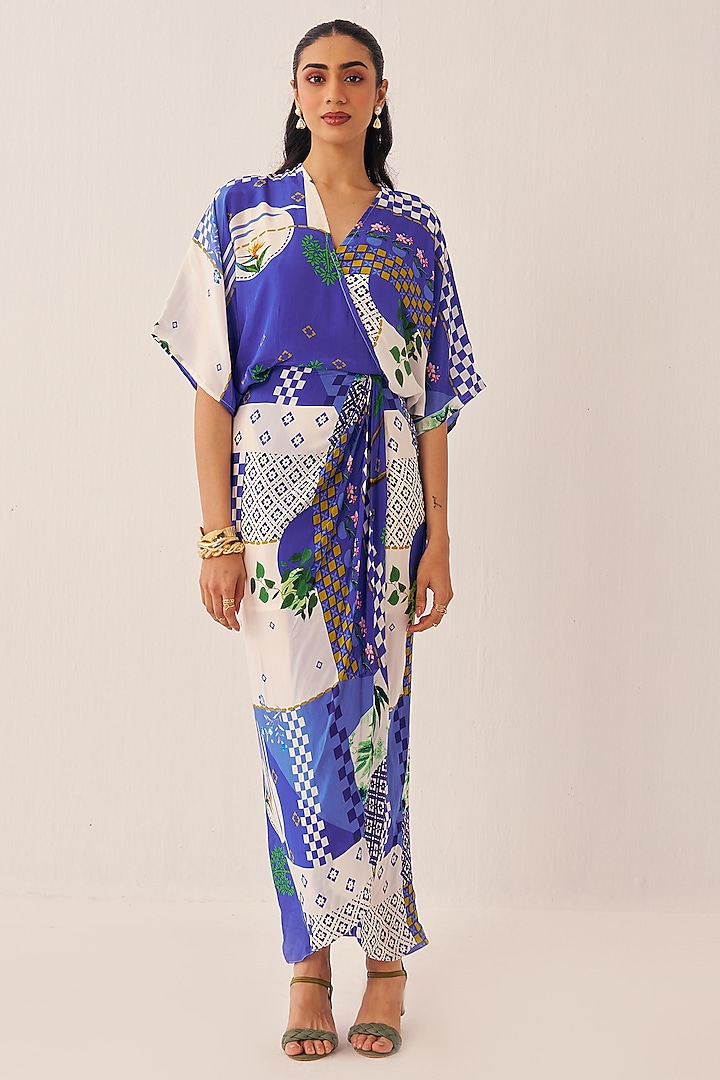 Blue Crepe Printed Draped Vacation Dress by Chhavvi Aggarwal at Pernia's Pop Up Shop