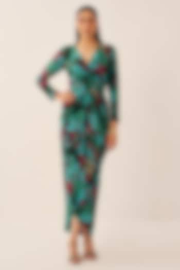Green Crepe Printed Draped Vacation Dress by Chhavvi Aggarwal at Pernia's Pop Up Shop
