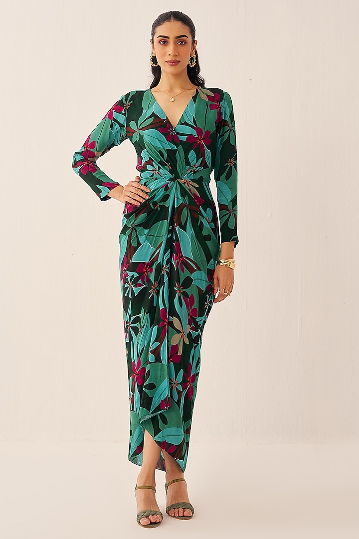 Green Crepe Printed Draped Vacation Dress by Chhavvi Aggarwal at Pernia's Pop Up Shop