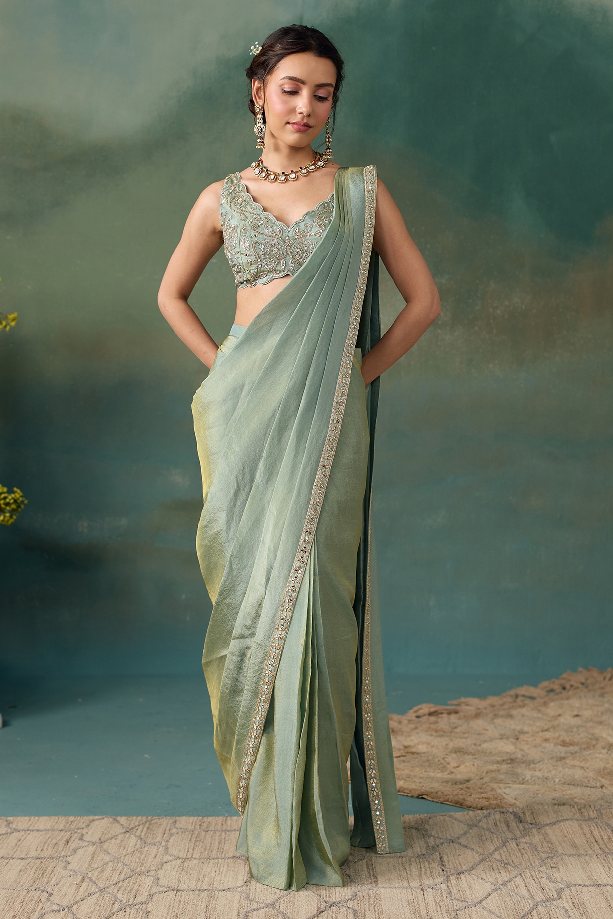 Chhavvi Aggarwal Aqua Tissue Draped Saree Set