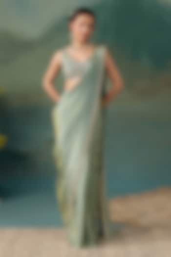 Aqua Tissue Draped Wedding Saree Set by Chhavvi Aggarwal at Pernia's Pop Up Shop