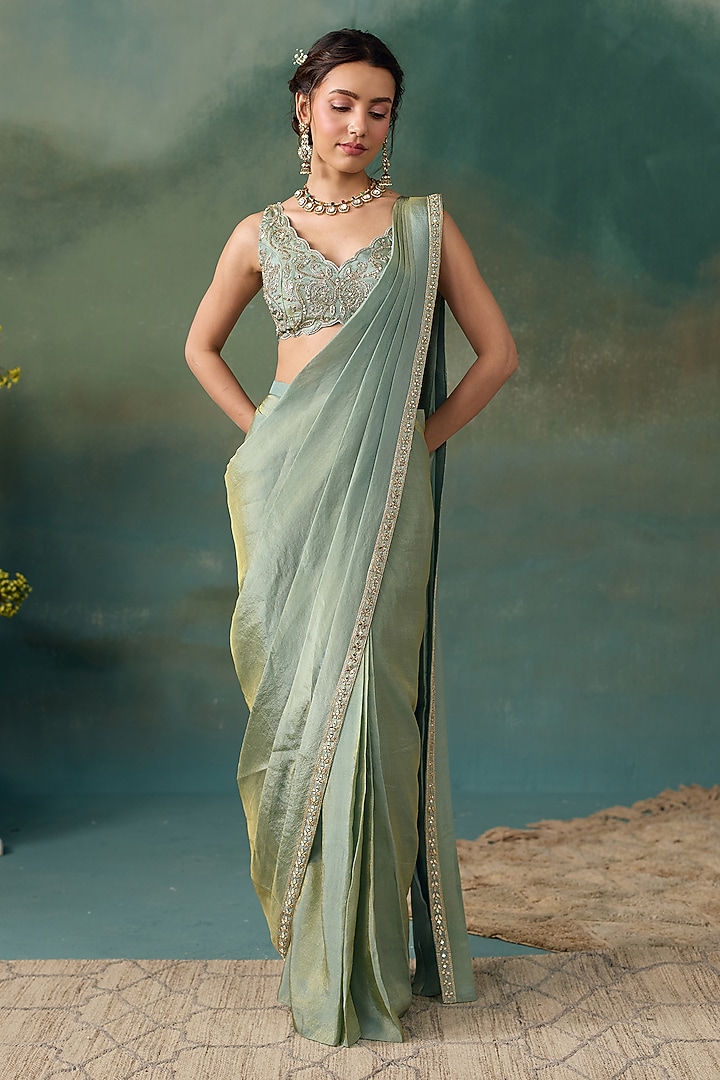 Aqua Tissue Draped Wedding Saree Set by Chhavvi Aggarwal at Pernia's Pop Up Shop