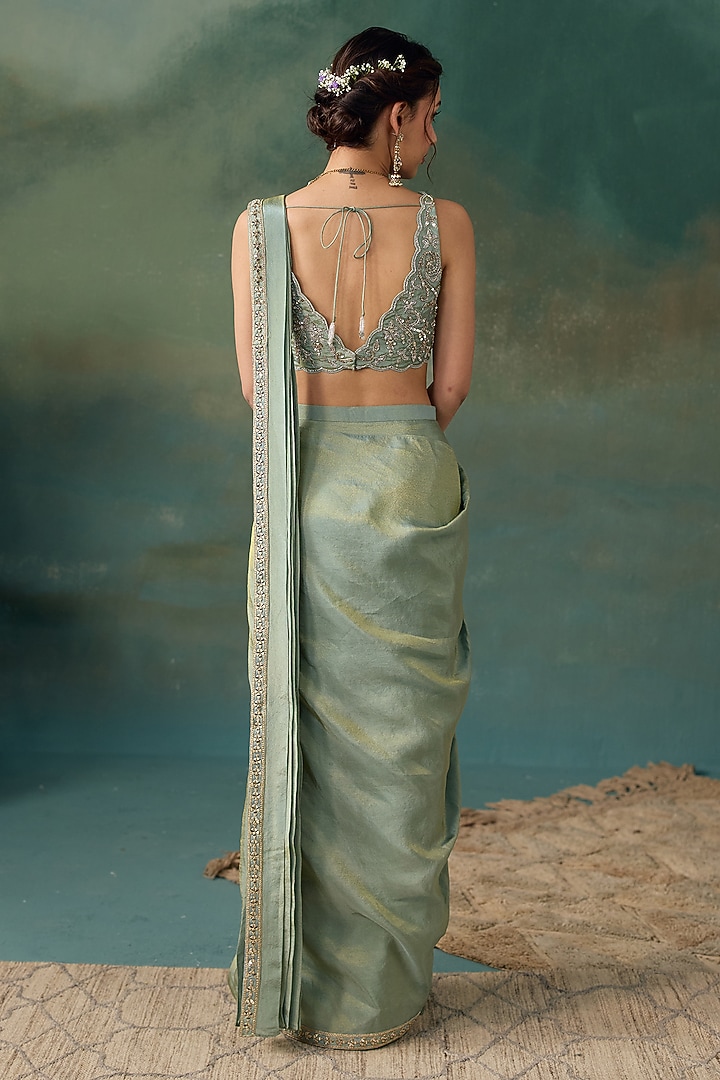 Aqua Tissue Draped Wedding Saree Set by Chhavvi Aggarwal at Pernia's Pop Up Shop