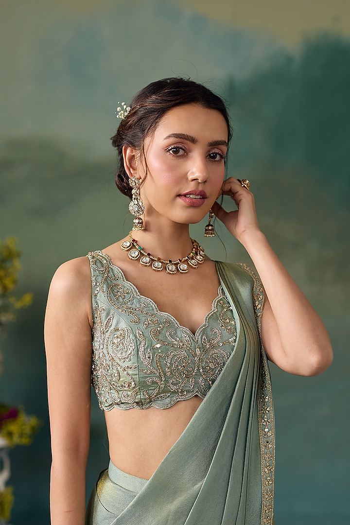 Aqua Tissue Draped Wedding Saree Set by Chhavvi Aggarwal at Pernia's Pop Up Shop