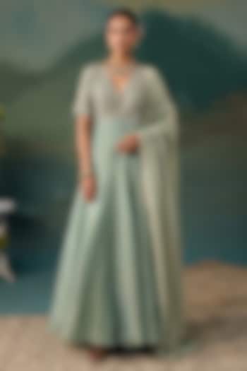 Aqua Tissue Embroidered Wedding Anarkali Set by Chhavvi Aggarwal at Pernia's Pop Up Shop