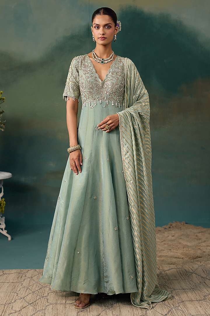 Aqua Tissue Embroidered Wedding Anarkali Set by Chhavvi Aggarwal at Pernia's Pop Up Shop