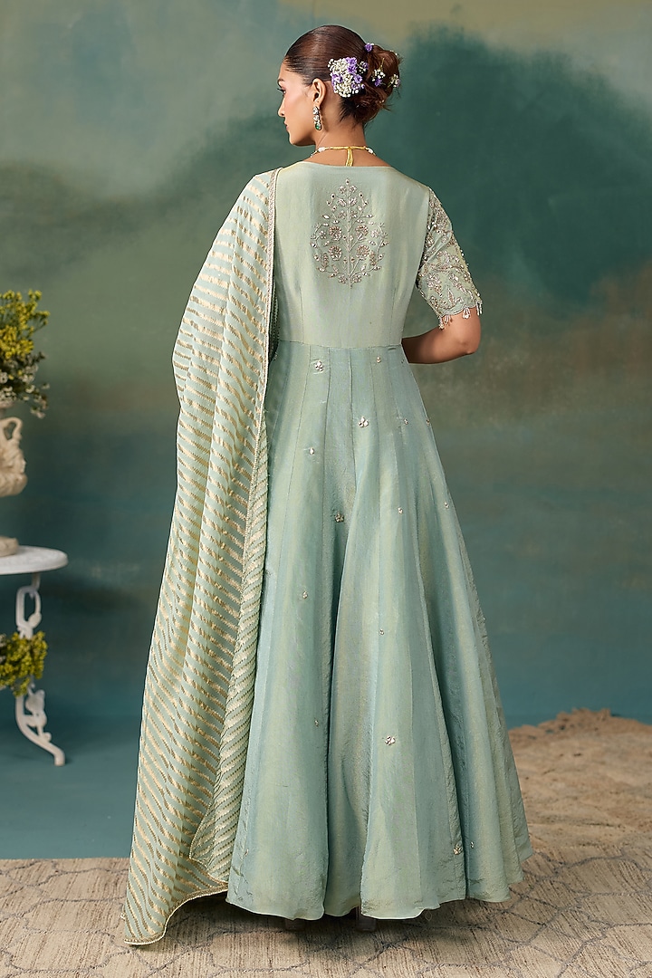 Aqua Tissue Embroidered Wedding Anarkali Set by Chhavvi Aggarwal at Pernia's Pop Up Shop