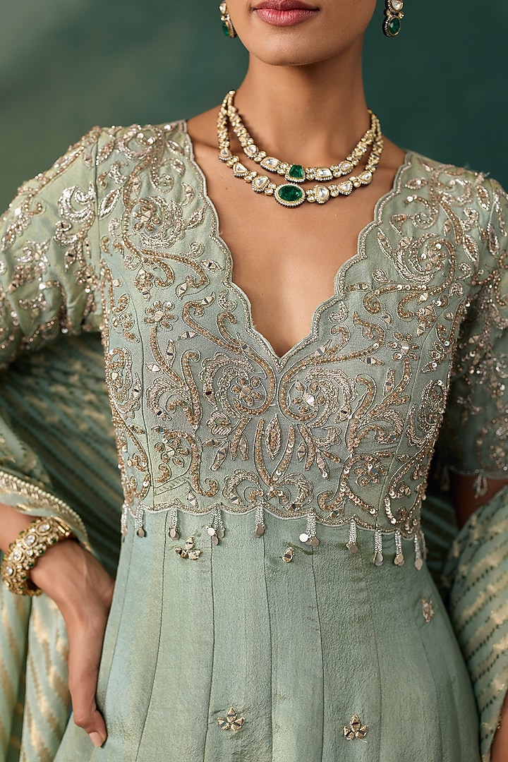 Aqua Tissue Embroidered Wedding Anarkali Set by Chhavvi Aggarwal at Pernia's Pop Up Shop