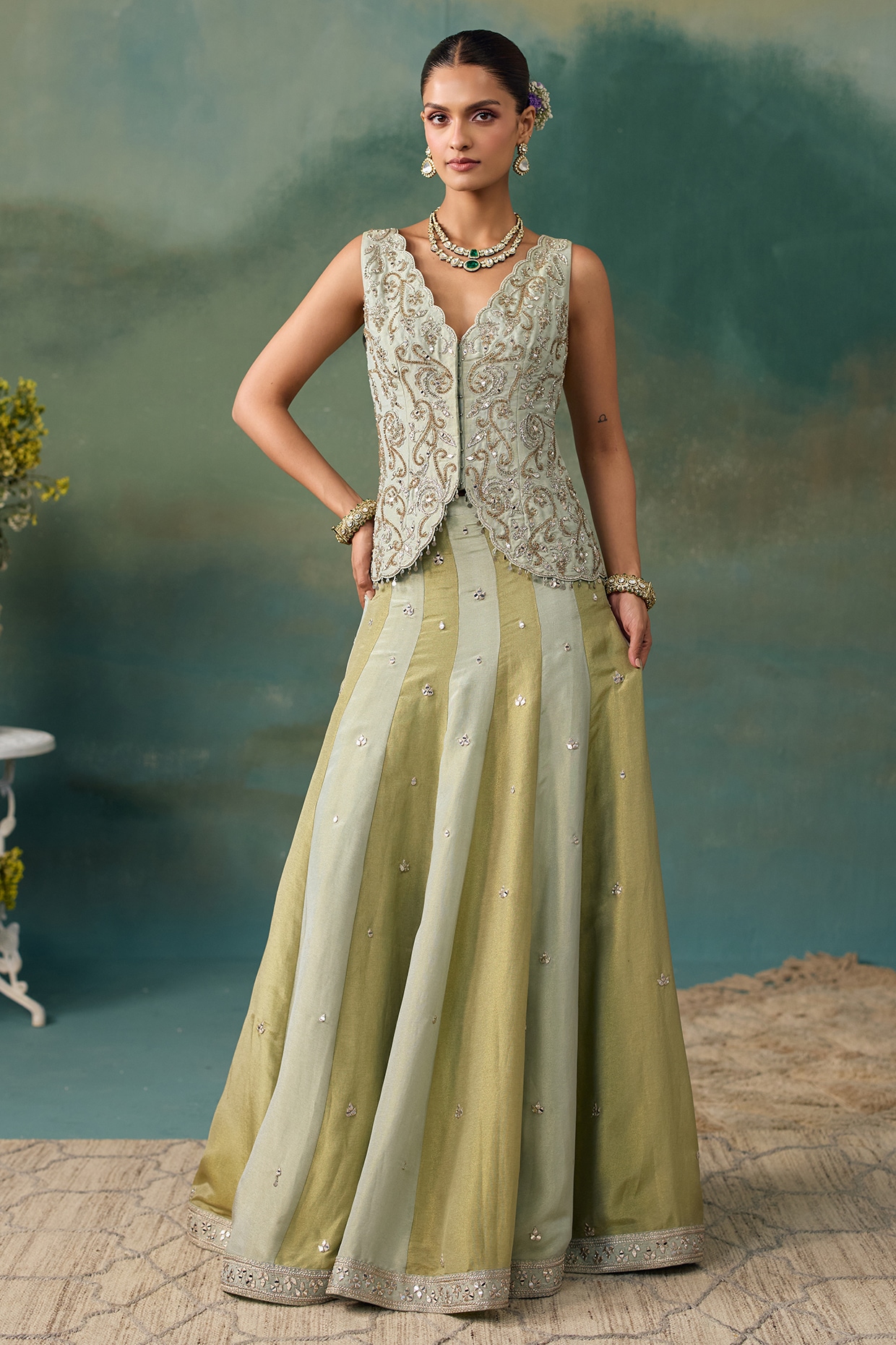 Chhavvi Aggarwal Sage Green & Aqua Tissue Panelled Jacket Lehenga Set