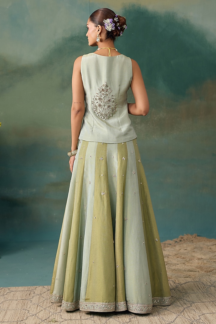 Sage Green & Aqua Tissue Panelled Jacket Wedding Lehenga Set by Chhavvi Aggarwal at Pernia's Pop Up Shop