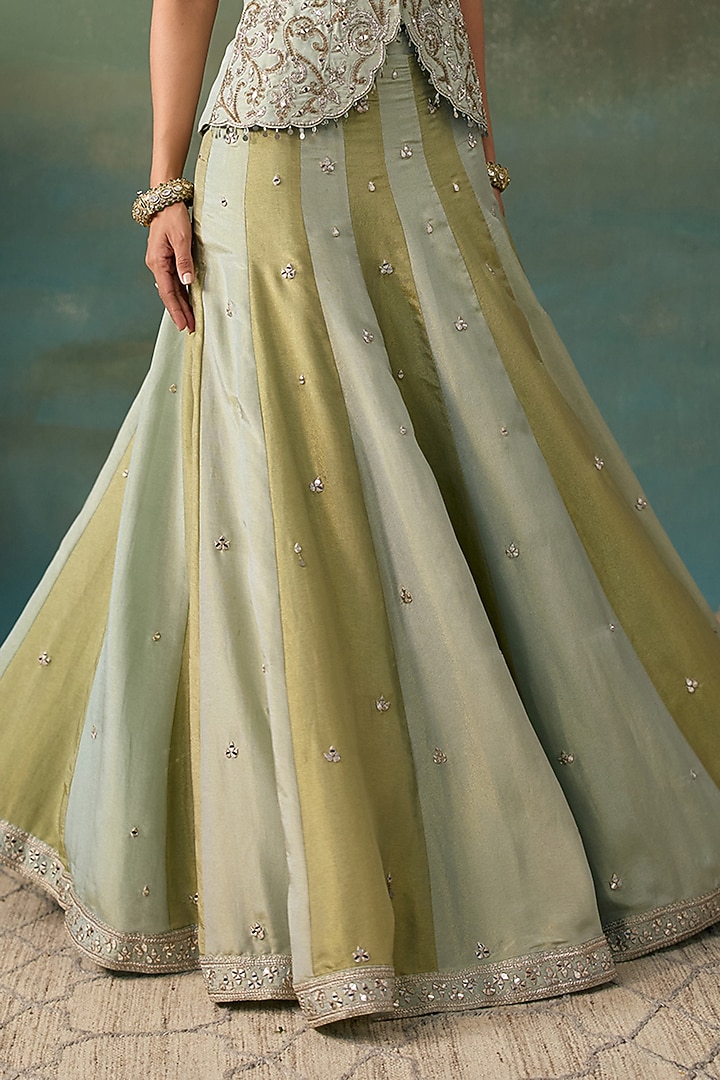 Sage Green & Aqua Tissue Panelled Jacket Wedding Lehenga Set by Chhavvi Aggarwal at Pernia's Pop Up Shop