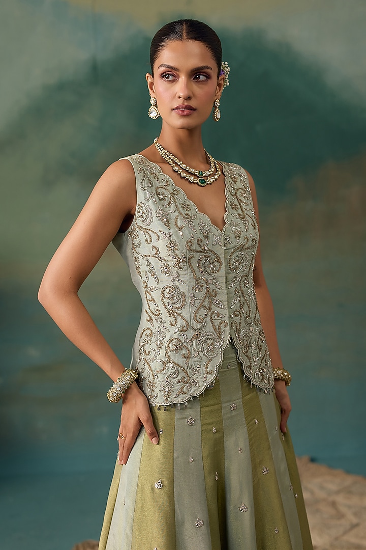 Sage Green & Aqua Tissue Panelled Jacket Wedding Lehenga Set by Chhavvi Aggarwal at Pernia's Pop Up Shop