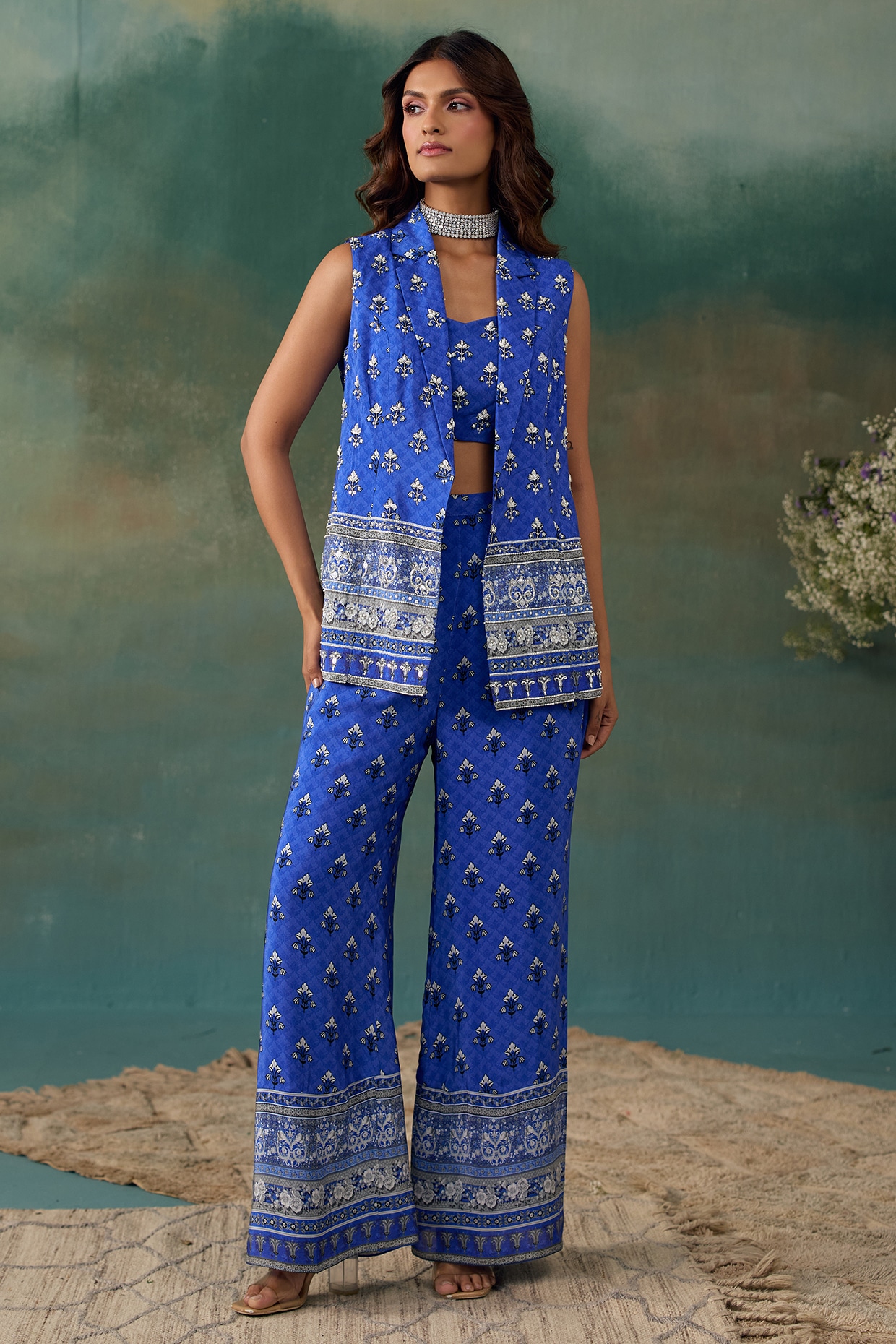 Chhavvi Aggarwal Royal Blue Crepe Printed & Embellished Jacket Set