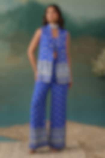 Royal Blue Crepe Printed & Embellished Jacket Set by Chhavvi Aggarwal at Pernia's Pop Up Shop