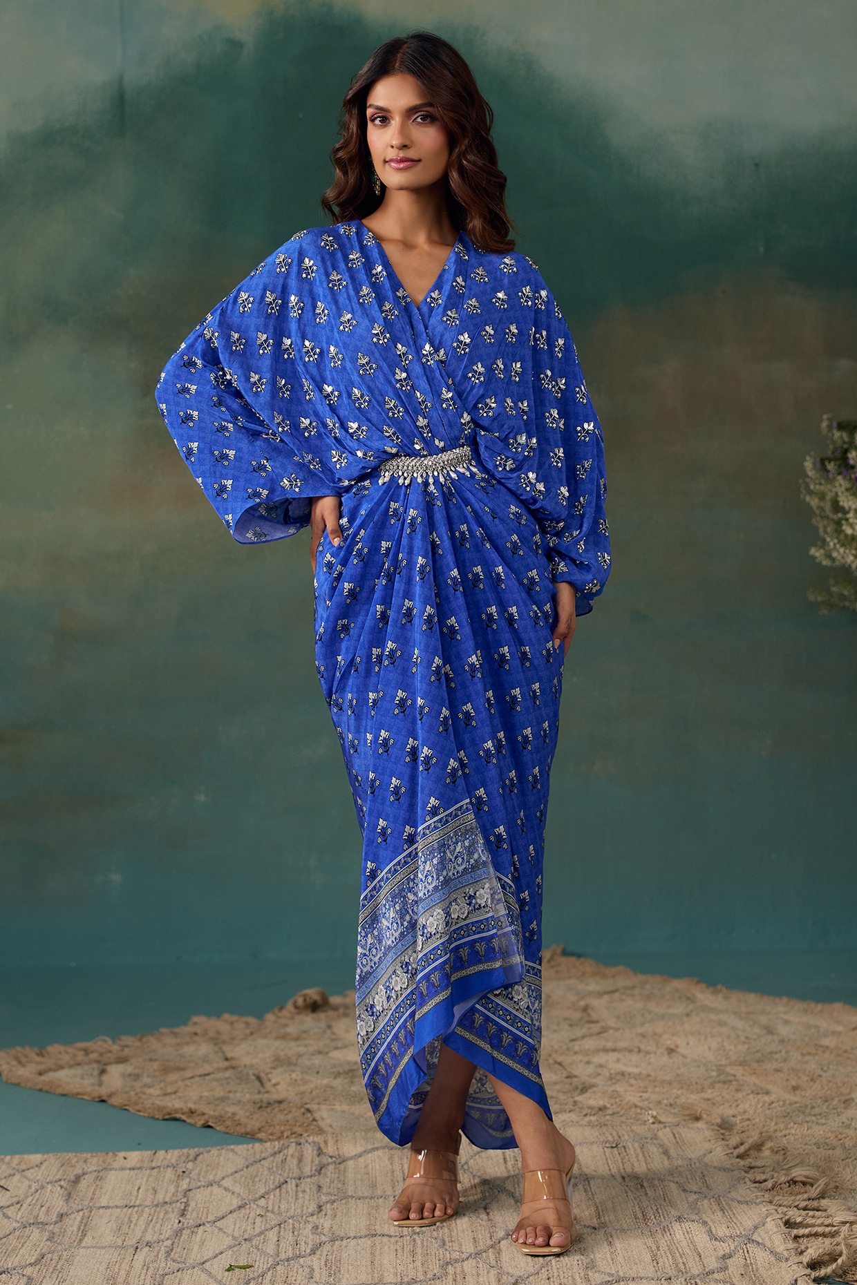 Chhavvi Aggarwal Royal Blue Crepe Draped Kaftan Dress