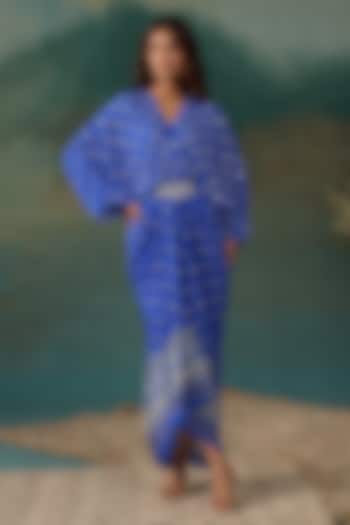 Royal Blue Crepe Draped Kaftan Dress by Chhavvi Aggarwal at Pernia's Pop Up Shop