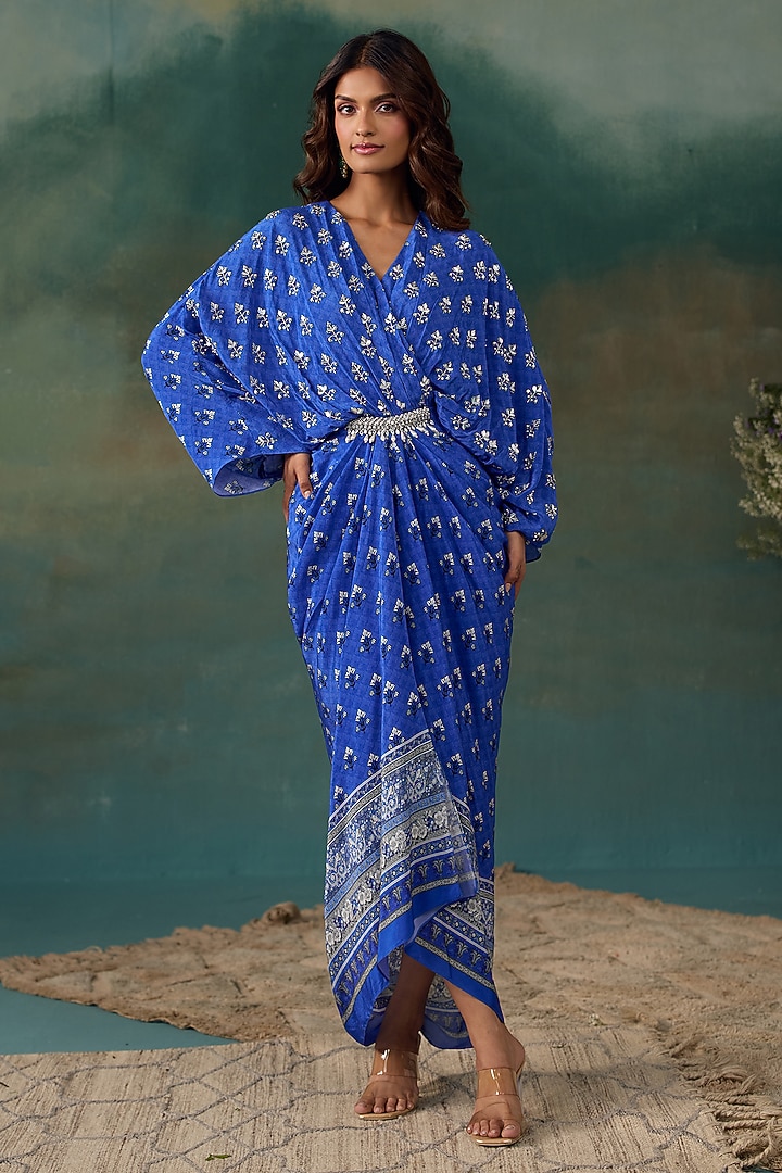 Royal Blue Crepe Draped Kaftan Dress by Chhavvi Aggarwal at Pernia's Pop Up Shop