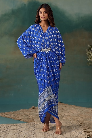 Royal Blue Crepe Draped Kaftan Dress by Chhavvi Aggarwal