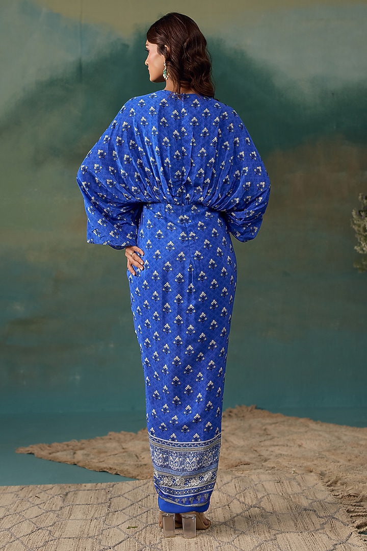 Royal Blue Crepe Draped Kaftan Dress by Chhavvi Aggarwal at Pernia's Pop Up Shop