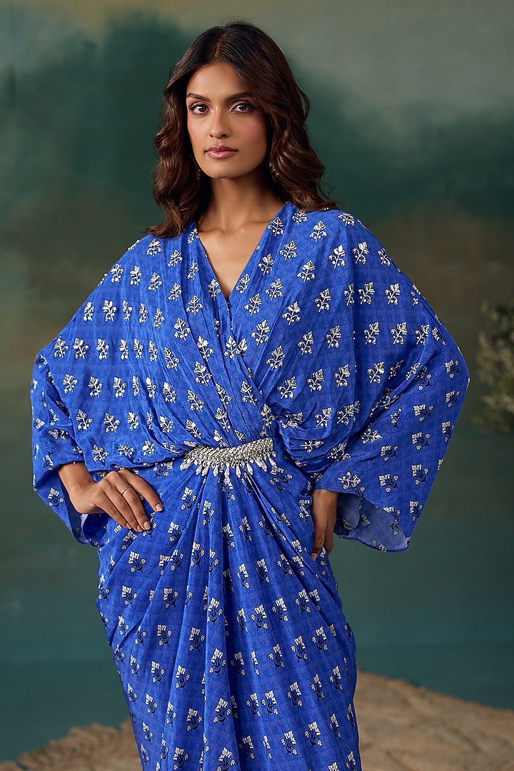 Royal Blue Crepe Draped Kaftan Dress by Chhavvi Aggarwal at Pernia's Pop Up Shop