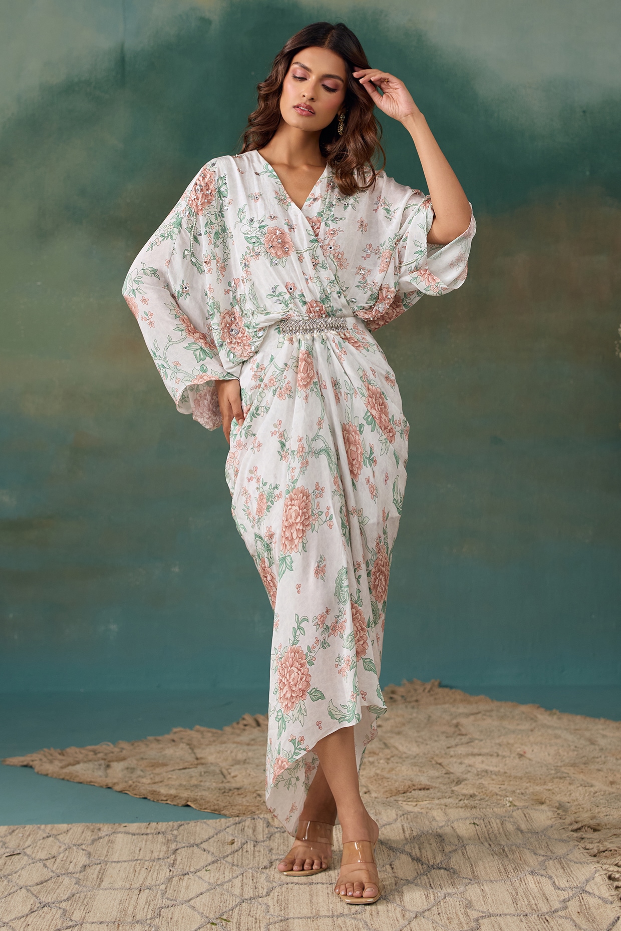 Chhavvi Aggarwal Pearl White Crepe Floral Printed Draped Kaftan