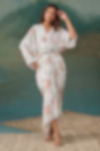 Pearl White Crepe Floral Printed Draped Kaftan by Chhavvi Aggarwal at Pernia's Pop Up Shop