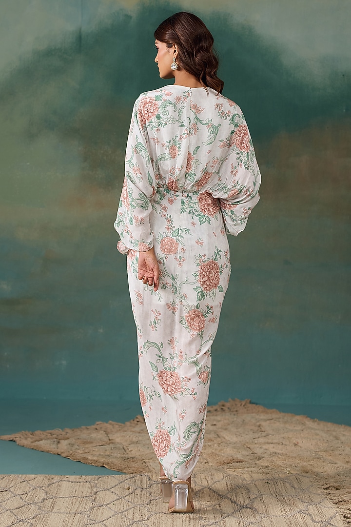 Pearl White Crepe Floral Printed Draped Kaftan by Chhavvi Aggarwal at Pernia's Pop Up Shop