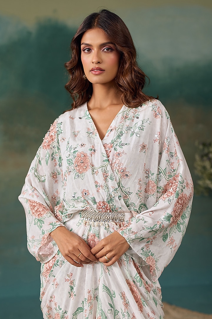 Pearl White Crepe Floral Printed Draped Kaftan by Chhavvi Aggarwal at Pernia's Pop Up Shop