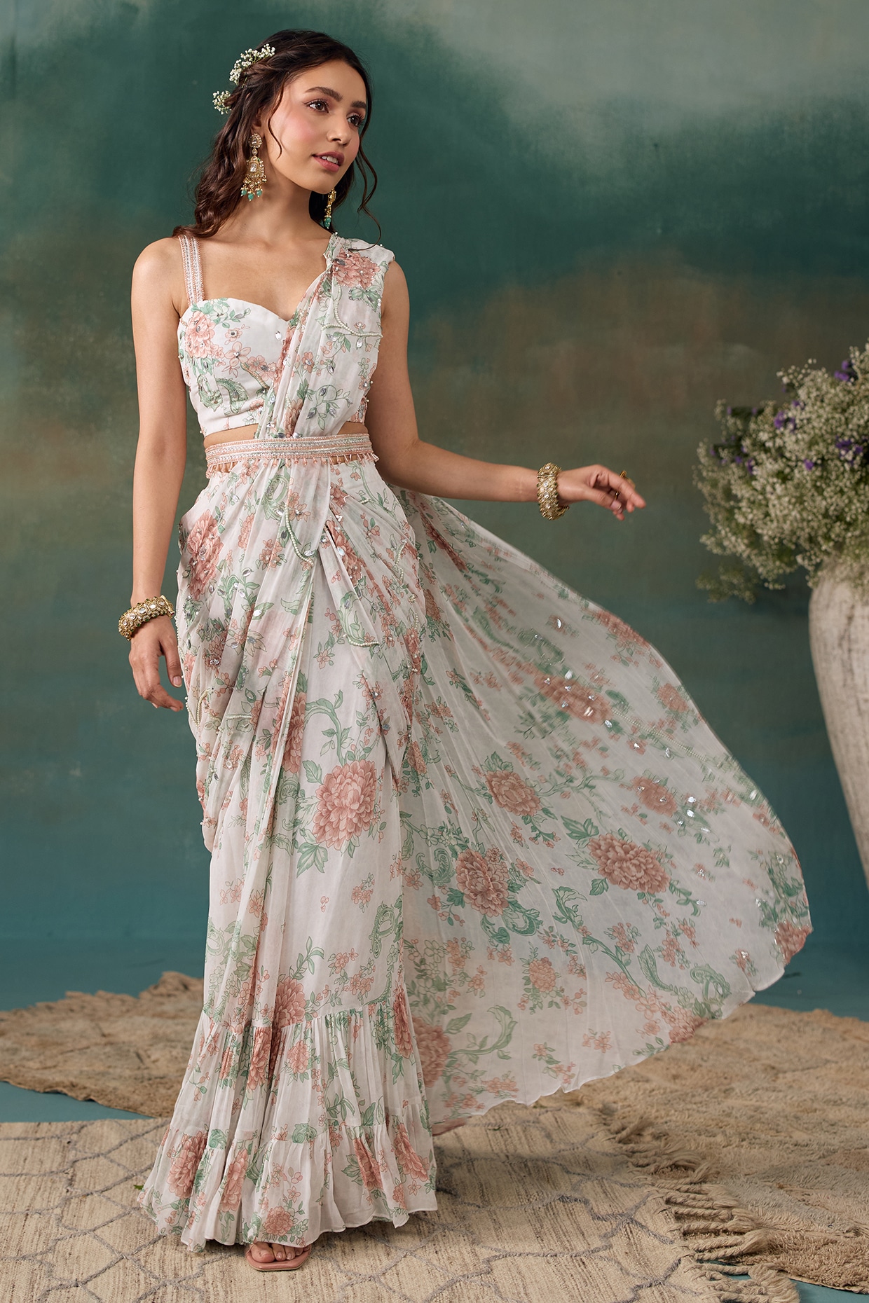 Chhavvi Aggarwal Pearl White Crepe Floral Printed Pre-Draped Saree Set